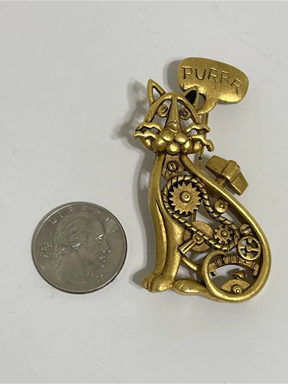 Vintage AJC Gold Tone PURRR Mechanical Kitty Cat Brooch Pin American Jewelry Co